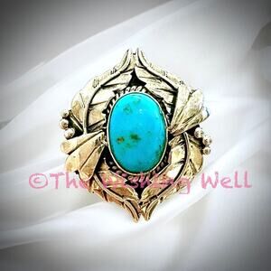 Kingman Turquoise Leaf Feather Statement Ring Size 8